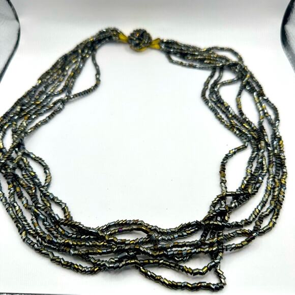 Unbranded Black Multi 7 Strand Beaded Knot Necklace Irridesent - Picture 1 of 10